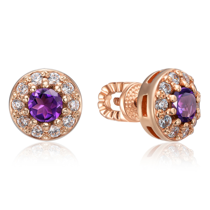 Золотые пуссеты с аметистом и фианитами. Артикул 50283/ам кп