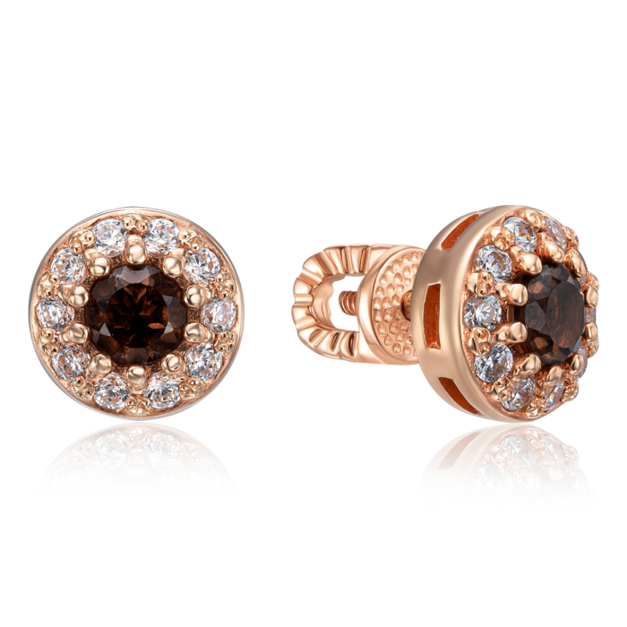 Золотые пуссеты с раухтопазом и фианитами. Артикул 50283/01/0/5126 (50283/раух кп)