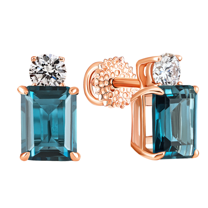 Золотые пуссеты с лондон-топазом и фианитами. Артикул UG5с843тл