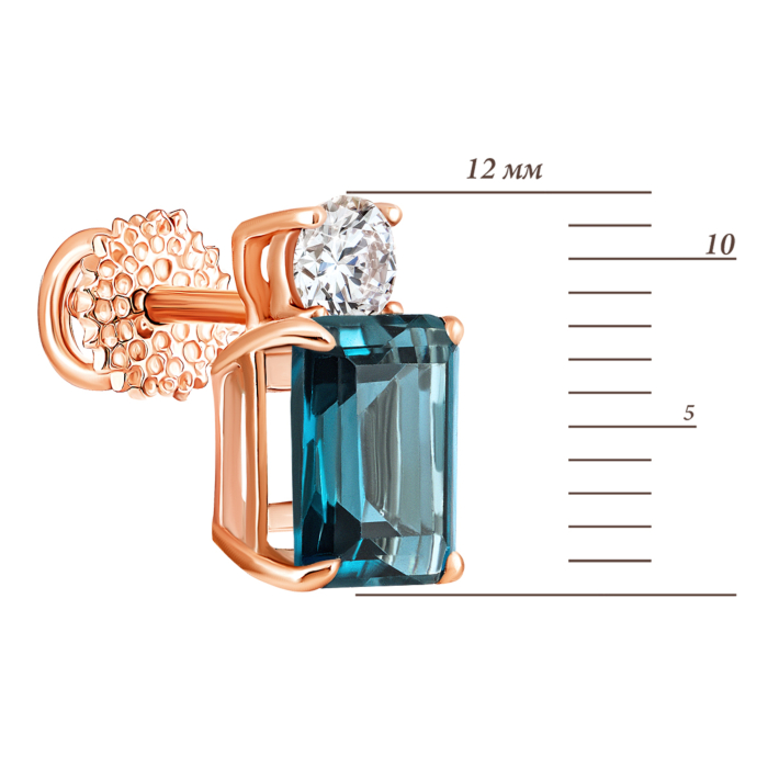 Золотые пуссеты с лондон-топазом и фианитами. Артикул UG5с843тл