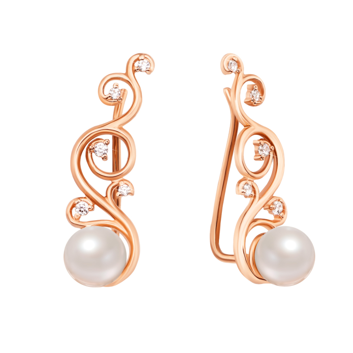 Золоті сережки-кафи з перлами і фіанітами (21788/01/0/641)