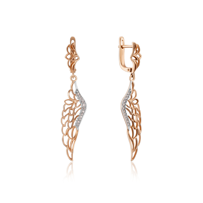 Сережки-підвіски «Крила» з фіанітами. Артикул 21650/к (21650/01/1/36)