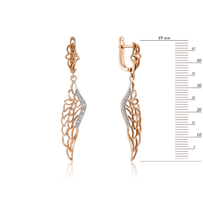 Сережки-підвіски «Крила» з фіанітами. Артикул 21650/к (21650/01/1/36)