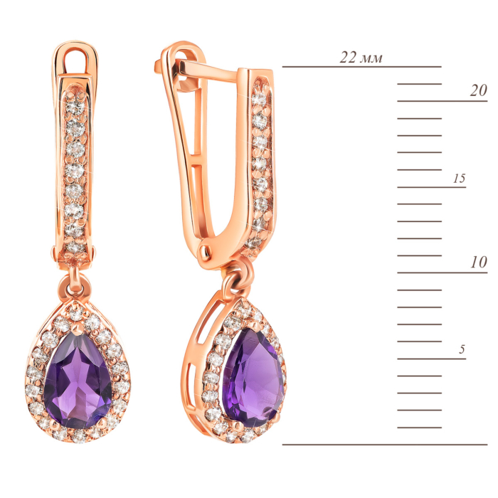 Золотые серьги-подвески с аметистом и фианитами. Артикул UG5С4032Vамт
