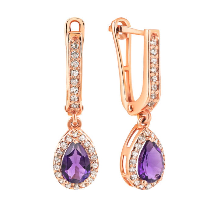 Золотые серьги-подвески с аметистом и фианитами. Артикул UG5С4032Vамт