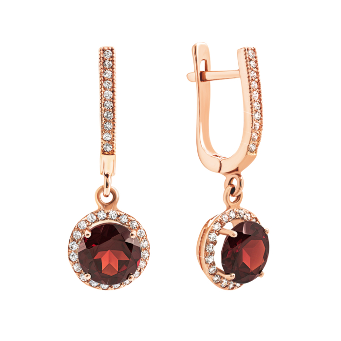 Золоті сережки-підвіски з гранатом і фіанітами. Артикул UG5с427пр