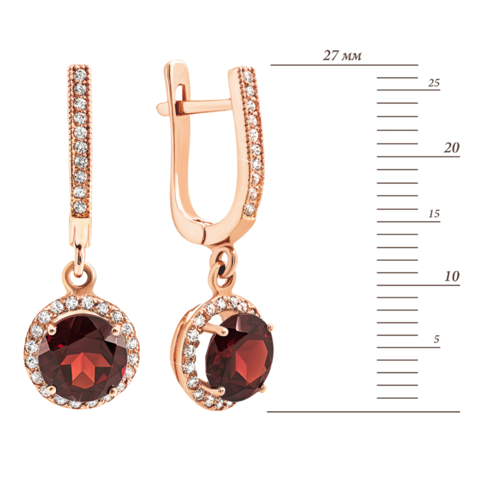 Золоті сережки-підвіски з гранатом і фіанітами. Артикул UG5с427пр