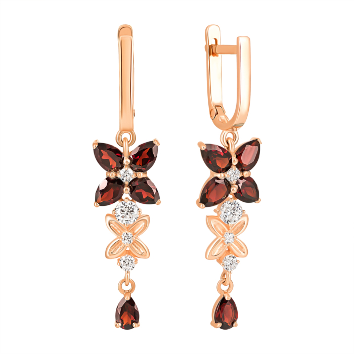Золотые серьги-подвески с гранатом и фианитами. Артикул UG5с661пр