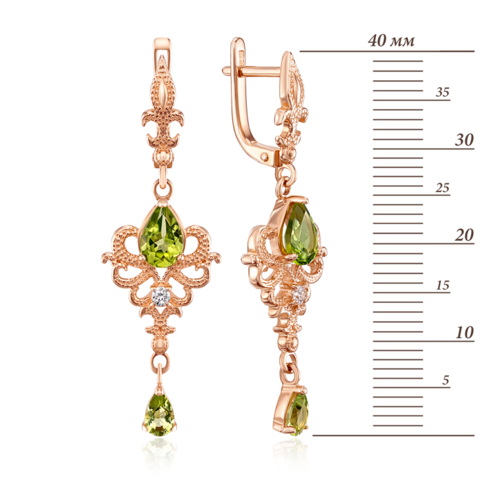 Золотые серьги-подвески с хризолитом и фианитами. Артикул 50362/01/0/5841