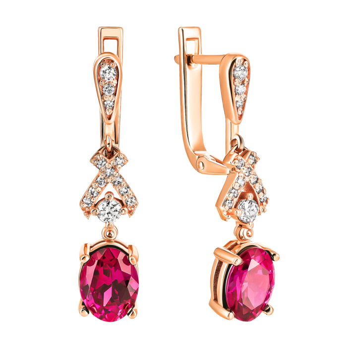 Золоті сережки-підвіски з рубіном і фіанітами. Артикул UG5С4175VКРуб