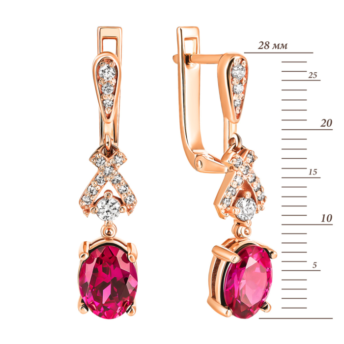 Золоті сережки-підвіски з рубіном і фіанітами. Артикул UG5С4175VКРуб