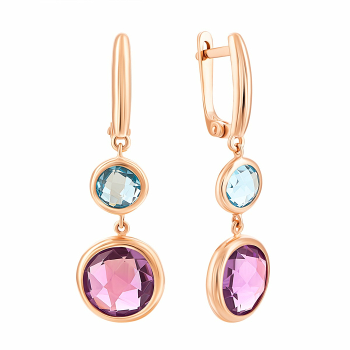 Золоті сережки-підвіски з топазом swiss і аметистом. Артикул UG5с425 тс ам