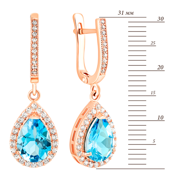 Золоті сережки-підвіски з топазом swiss і фіанітами. Артикул UG5с422тс