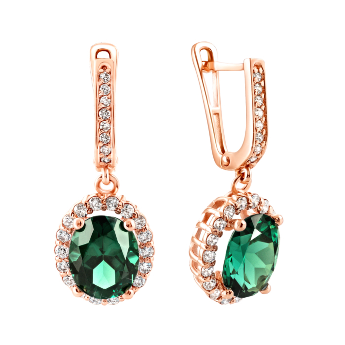 Золоті сережки-підвіски з верделітом та фіанітами. Артикул UG5С4036VNS:Верделит