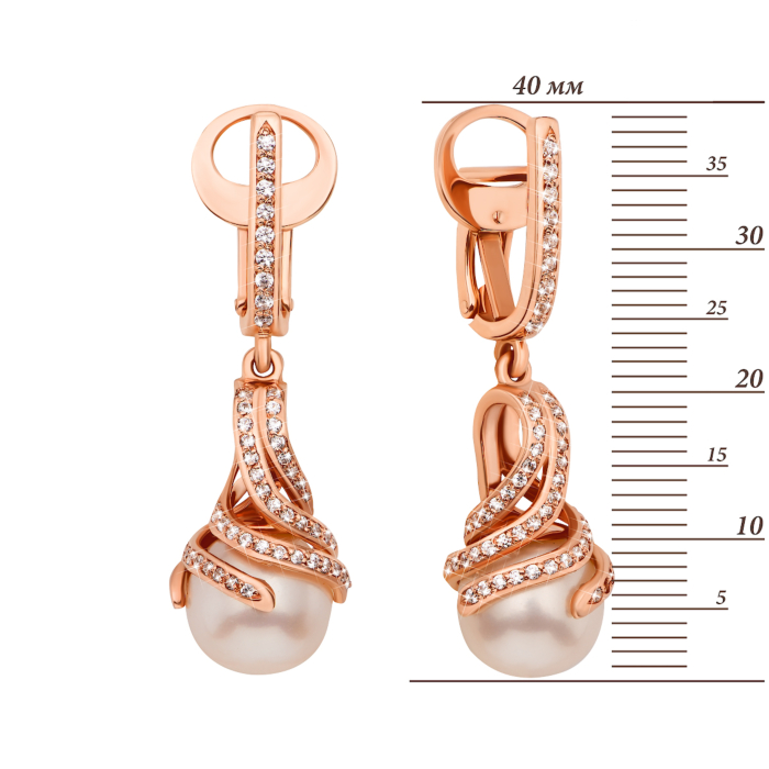 Золотые серьги-подвески с жемчугом и фианитами. Артикул 21828/01/0/688