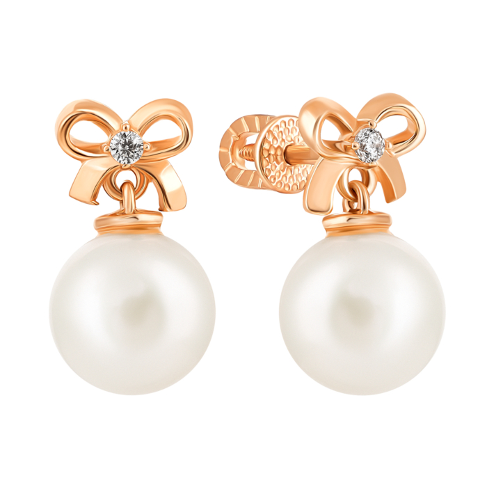 Золоті сережки-підвіски з перлами і фіанітами. Артикул UG5с197