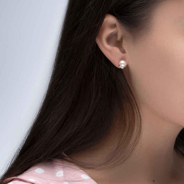 Золоті сережки-пусети з перлами і фіанітами. Артикул 22011/01/0/2171