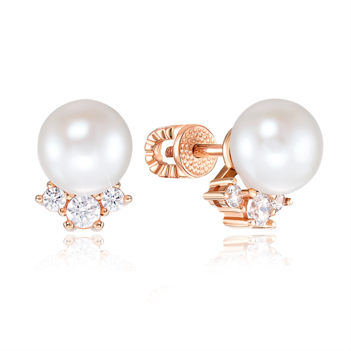 Золоті сережки-пусети з перлами і фіанітами. Артикул 22011/01/0/2171