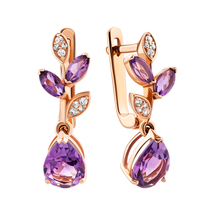 Золотые серьги с аметистом и фианитами.Артикул UG5с445ам