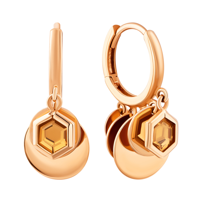 Золотые серьги с желтым кварцем.Артикул UG52/40/054