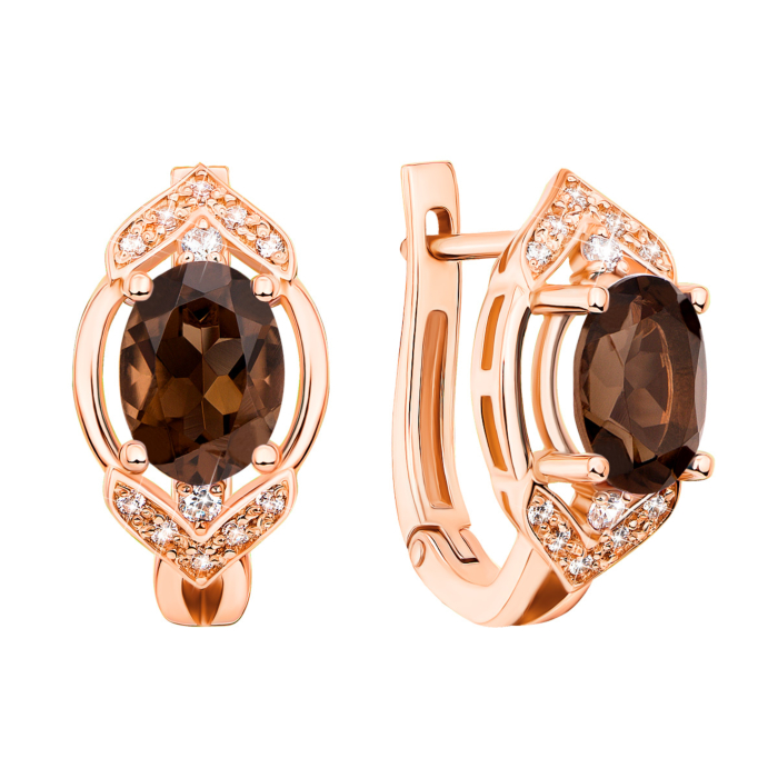 Золоті сережки з раухтопазом і фіанітами (50377/раух к)