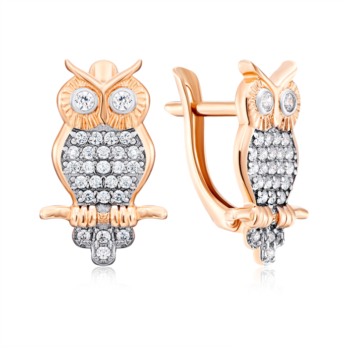 Золотые серьги «Сова» с фианитами. Артикул 22576/01/1/79