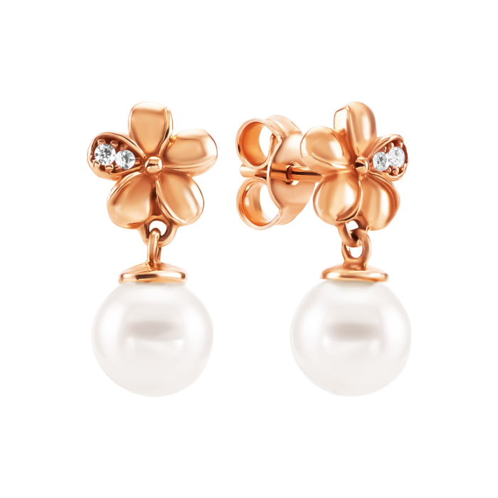 Золотые серьги-подвески с жемчугом и фианитами. Артикул UG52/50/512