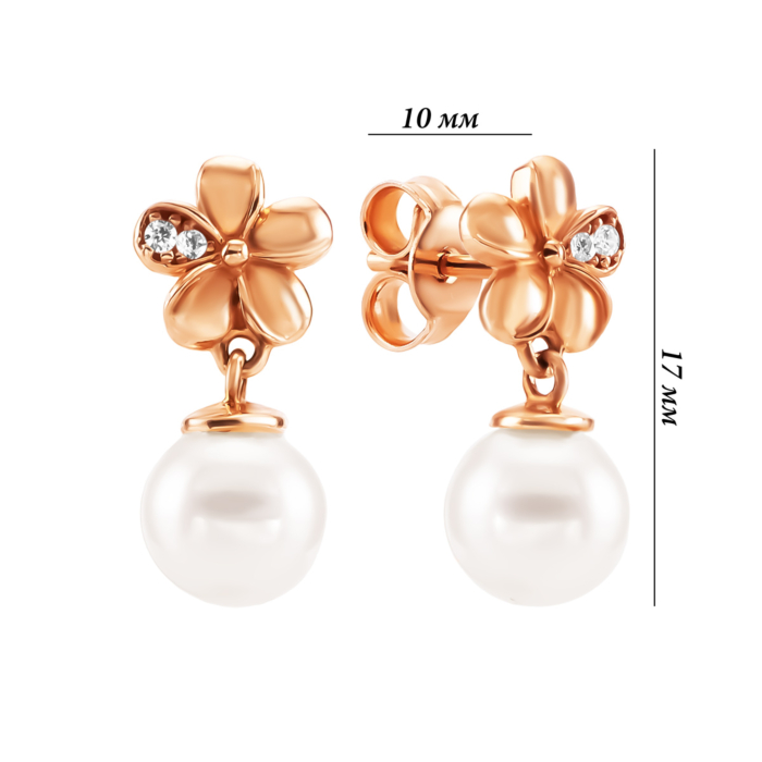 Золотые серьги-подвески с жемчугом и фианитами. Артикул UG52/50/512