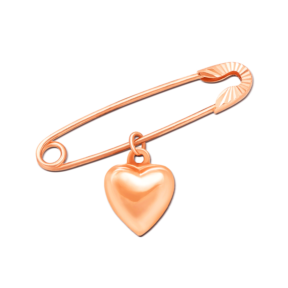 Золотая брошь-булавка с подвеской «Сердце». Артикул 04025