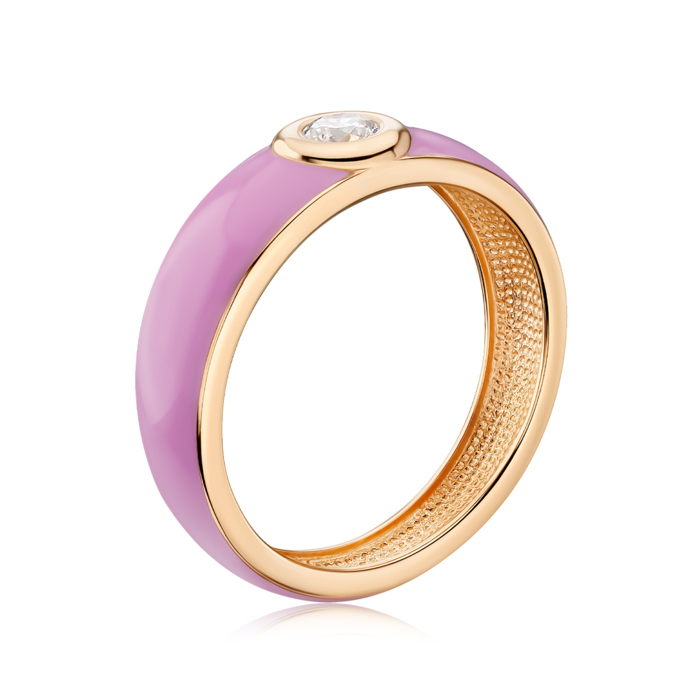 Золота каблучка з рожевою емаллю та фіанітом 17266/01/0/21657