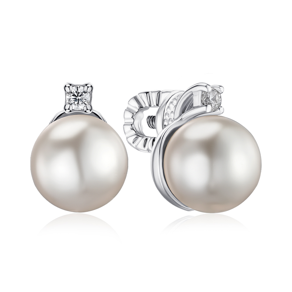 Срібні сережки-пусети з штучною перлиною та фіанітом 21682/12/1/21383