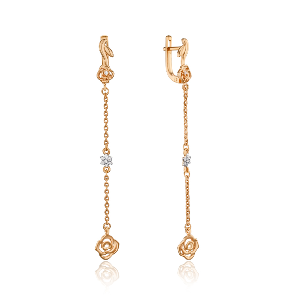 Золоті сережки-підвіски «Квіти» з фіанітами. Артикул 22039/01/1/1