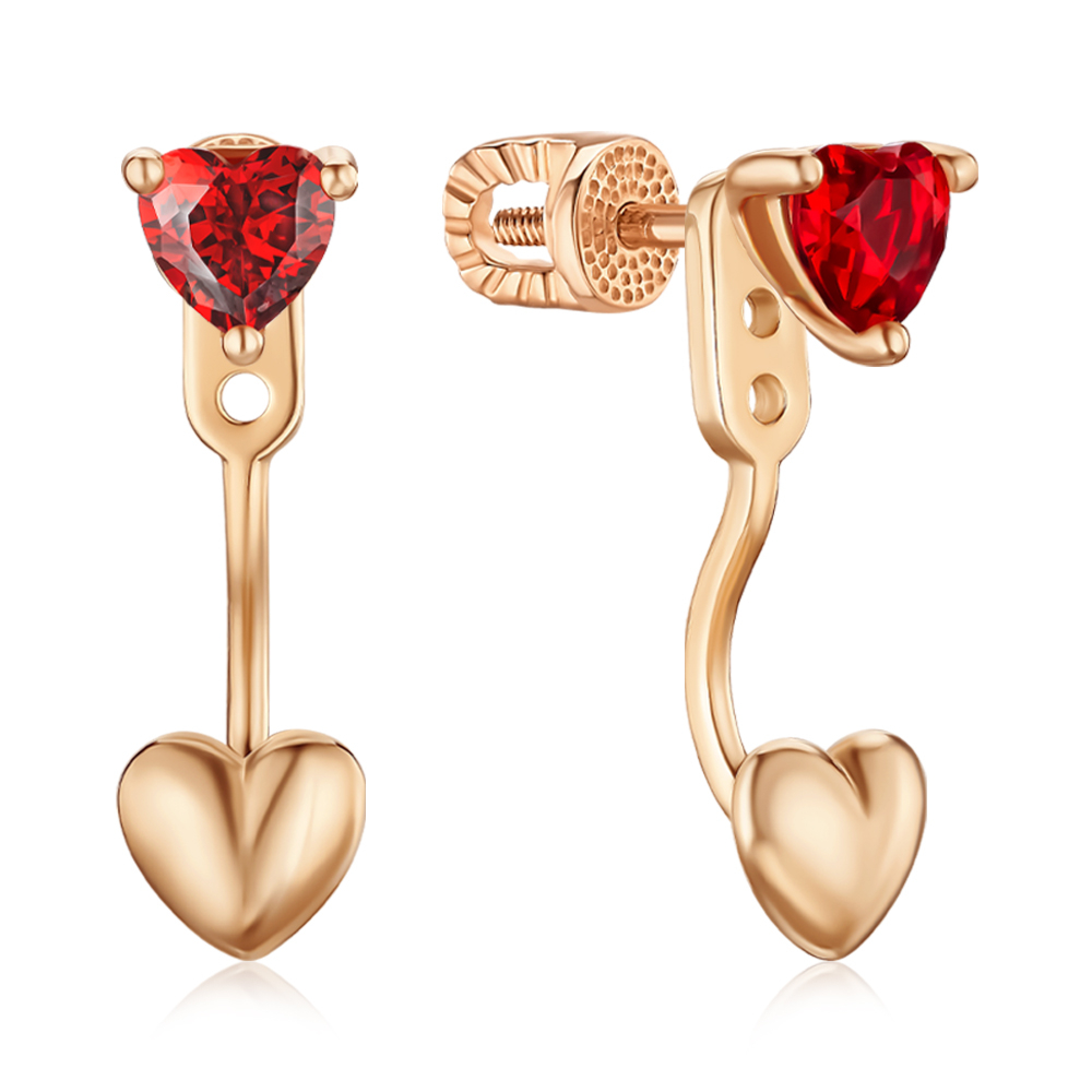 Золоті сережки-джекети з червоними фіанітами 27124/01/0/3701