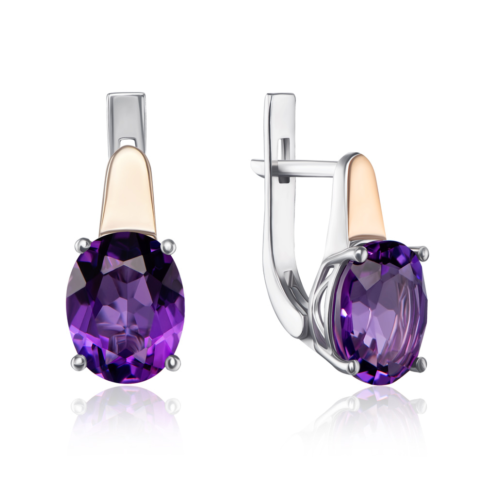 Серебряные серьги с золотыми вставками с аметистом. Артикул 2850/9р-AMT
