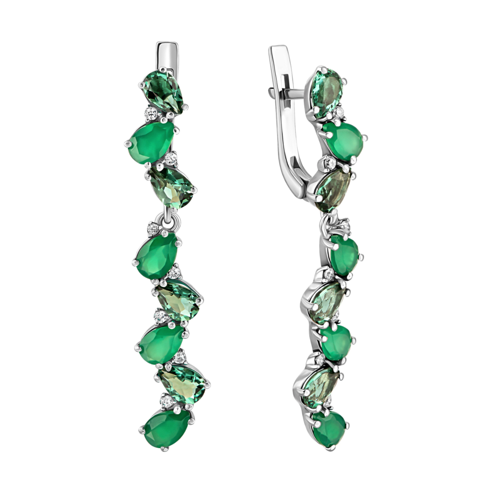 Серебряные серьги-подвески с зеленым агатом и кварцем. Артикул UG52928/9р-GRAGQG