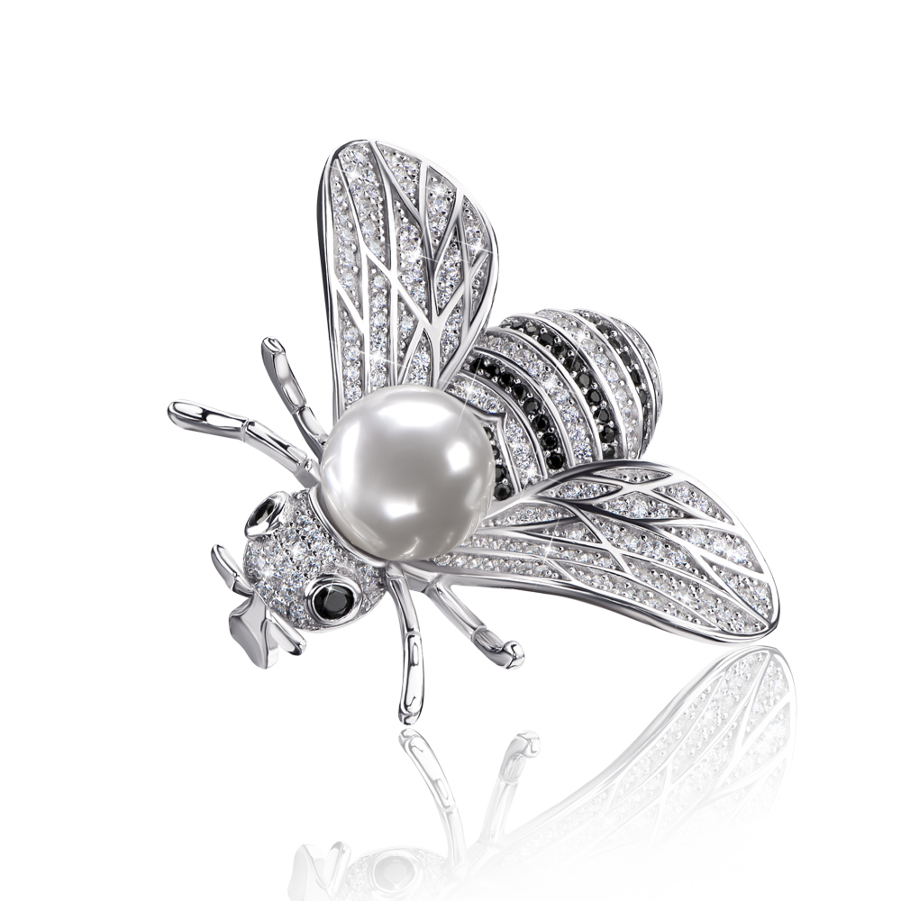 Срібна брошка «Бджола» з перлиною і фіанітами. Артикул 2X00057-SH/12/721