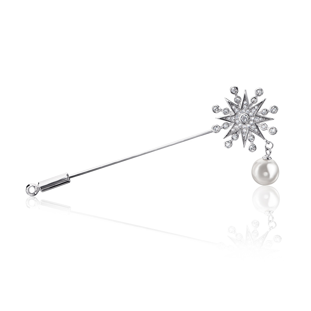 Срібна брошка-голка «Віфліємська зірка» з перлиною. Артикул 2X00073-SH/12/1167