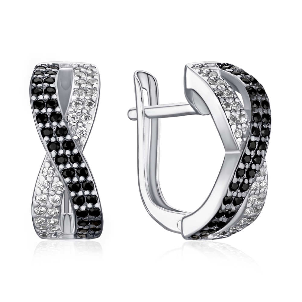 Серебряные серьги с черными и белыми фианитами 40082/12/1/7