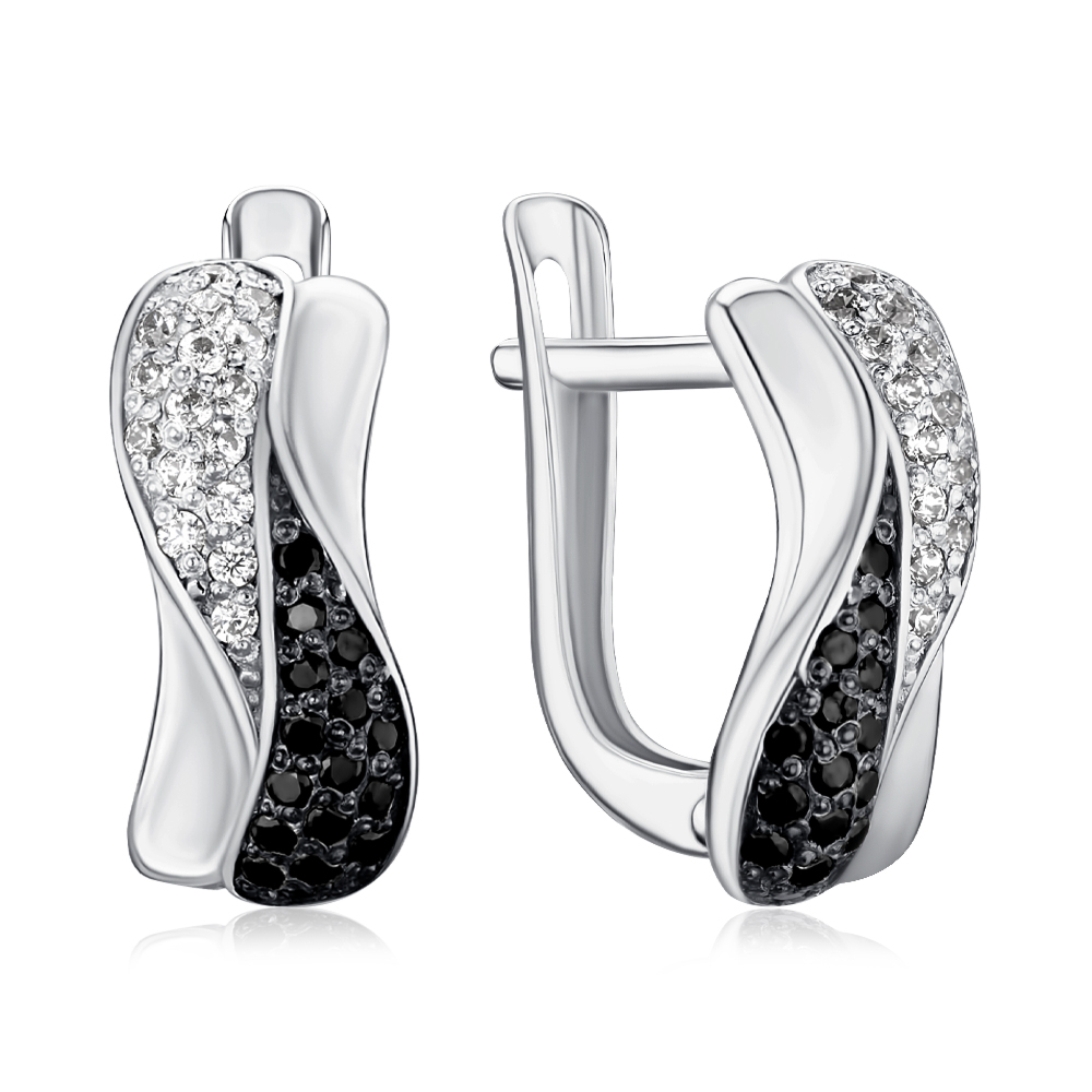 Серебряные серьги с черными и белыми фианитами с40229/ч