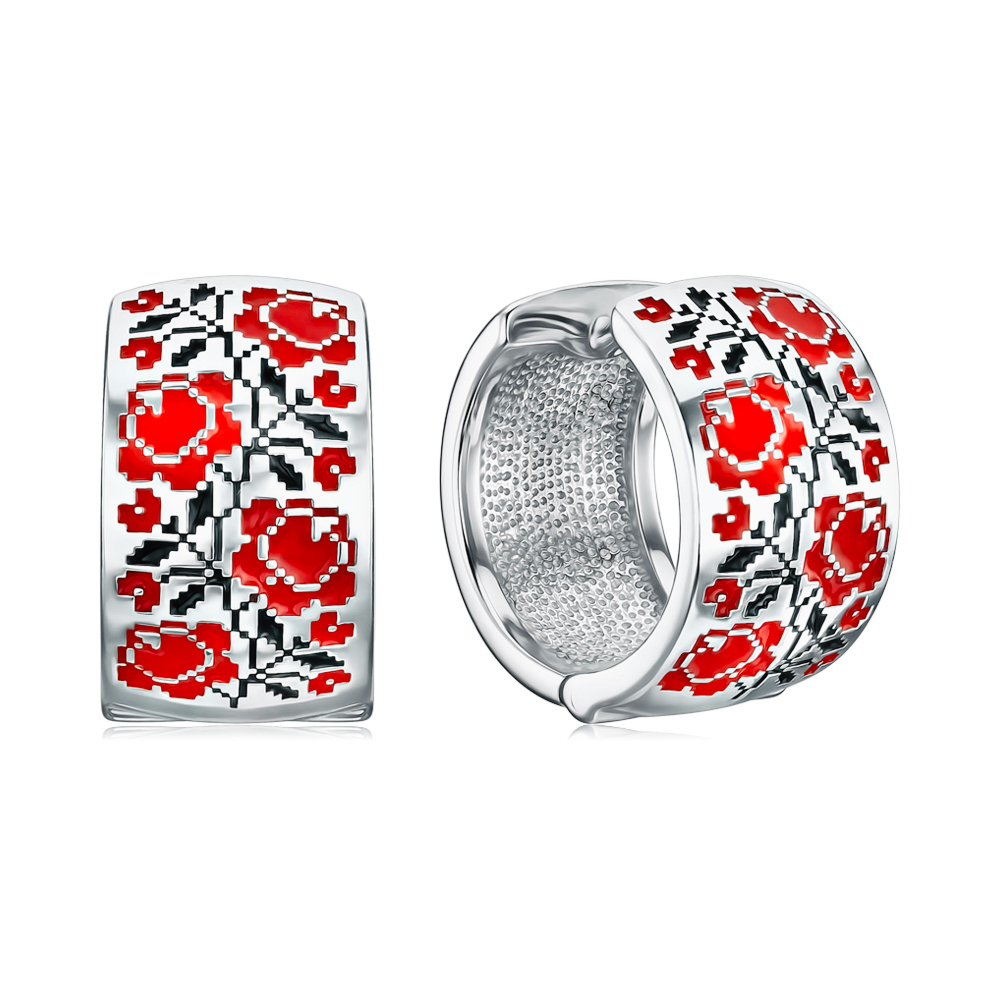 Серебряные серьги-конго с красной и черной эмалью 40403/12/1/355