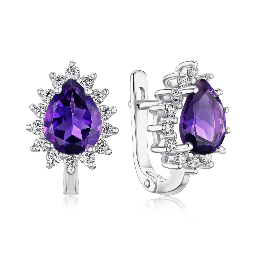Срібні сережки з аметистом та фіанітами 40417/12/1/6546