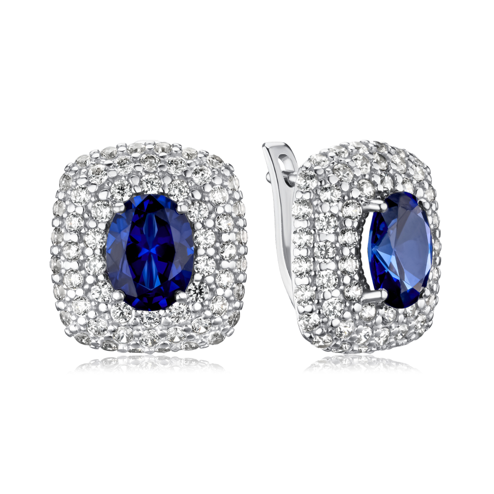 Серебряные серьги с искусственным сапфиром и фианитами 40423/12/1/1531