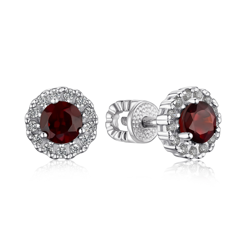 Срібні сережки з гранатом та фіанітами 40443/12/1/6329