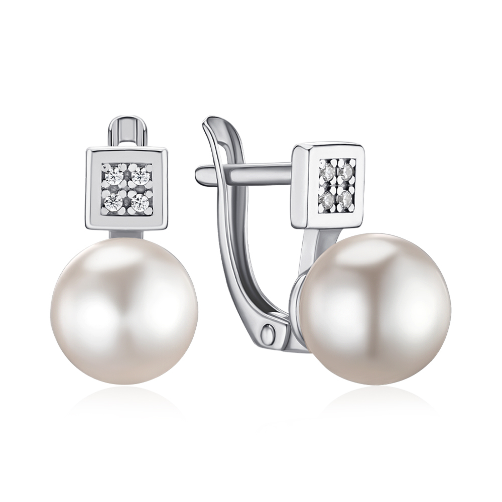 Срібні сережки з перлиною та фіанітами 40875/12/1/21394