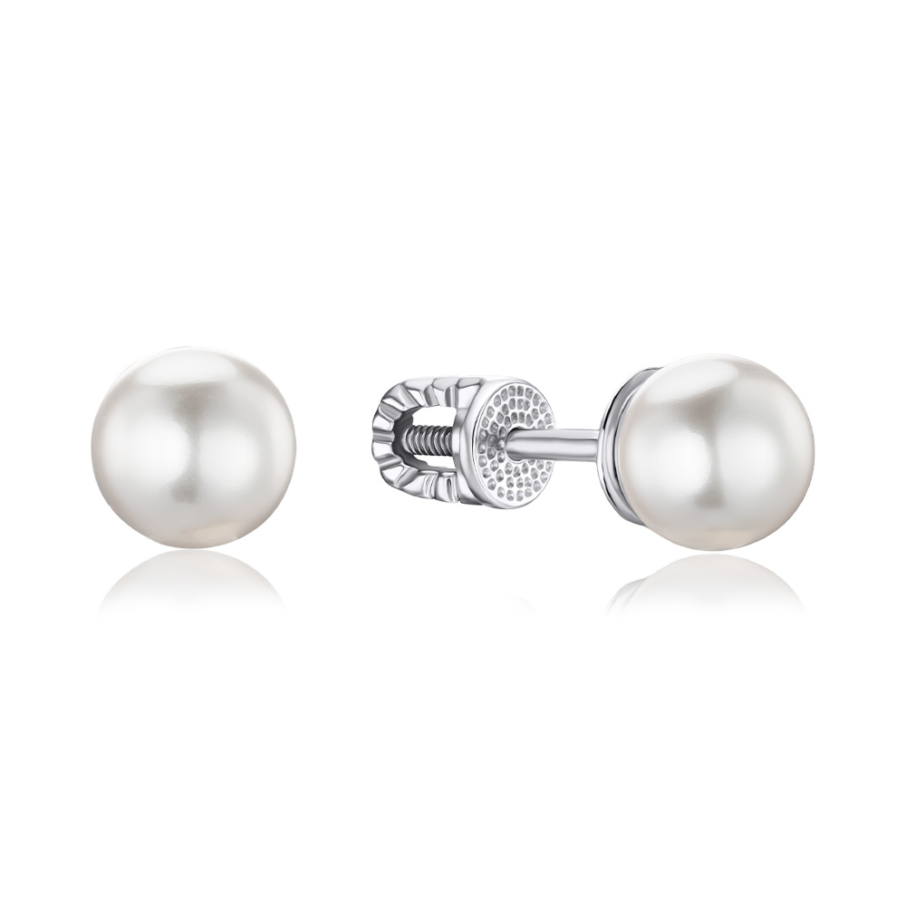 Серебряные серьги-пуссеты с искусственным жемчугом 41317/12/1/21384