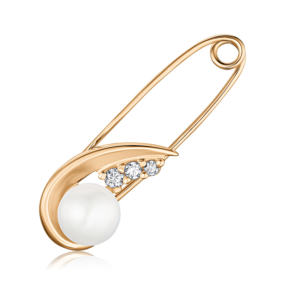 Золота брошка-булавка з перлиною та фіанітами 4169/01/0/21497