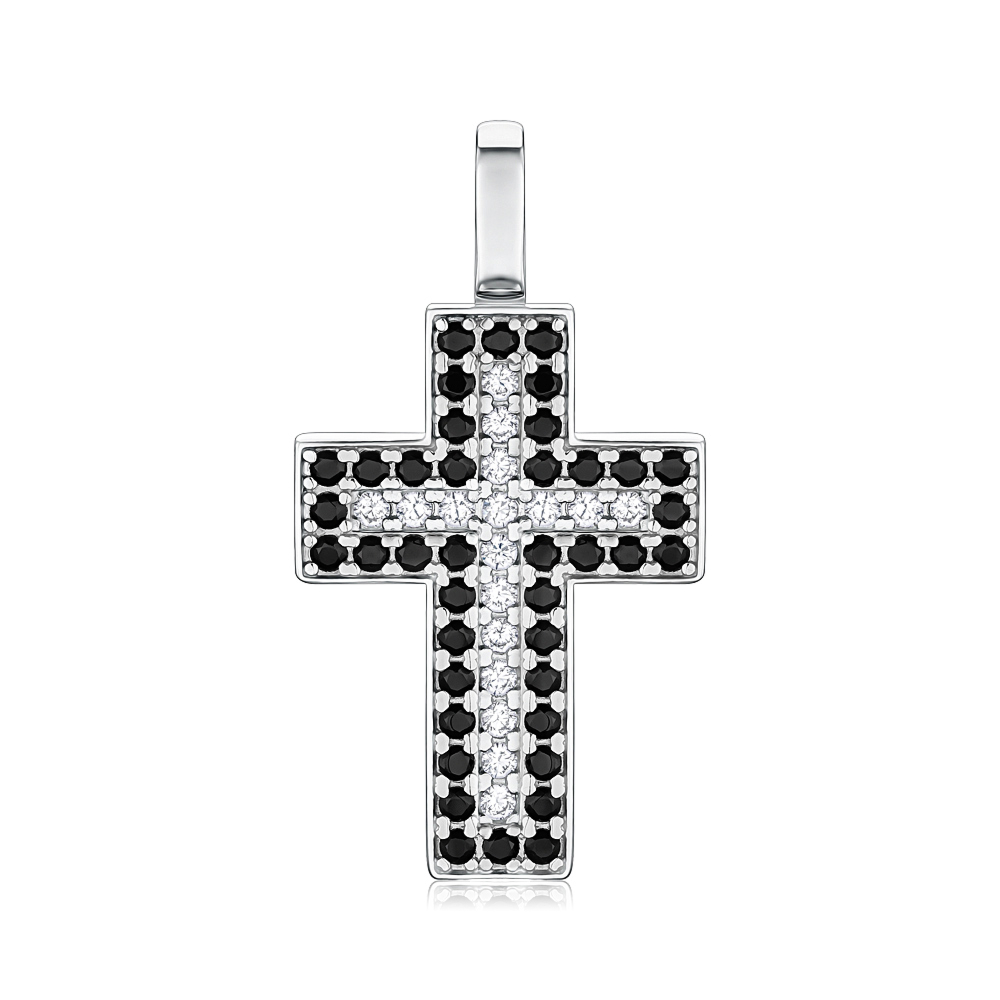 Срібний хрестик з чорними та білими фіанітами 500863-Кр.Р л.к.б/ч40