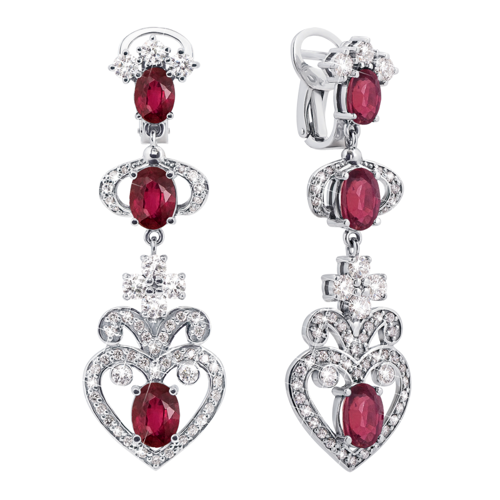 Золоті сережки-підвіски з рубінами та діамантами 52713/02/1/9328