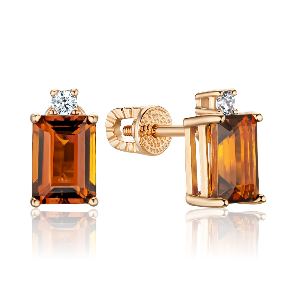 Золотые серьги-пуссеты с коричневым турмалином и фианитом 540081/01/0/7492