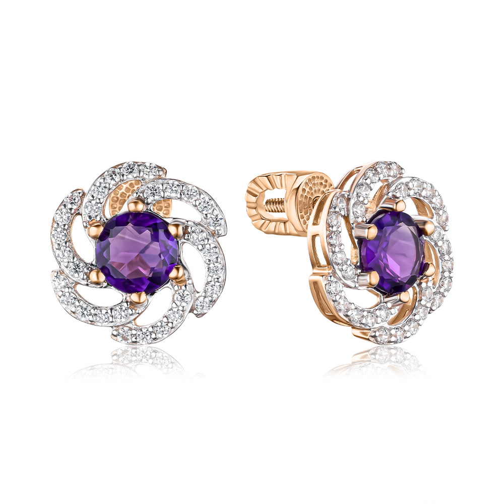 Золоті сережки-пусети з аметистом та фіанітами 540317/01/1/5762